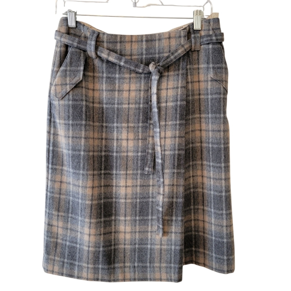 Talbots Tan & Gray Plaid Wool Tartan Skirt Size 6